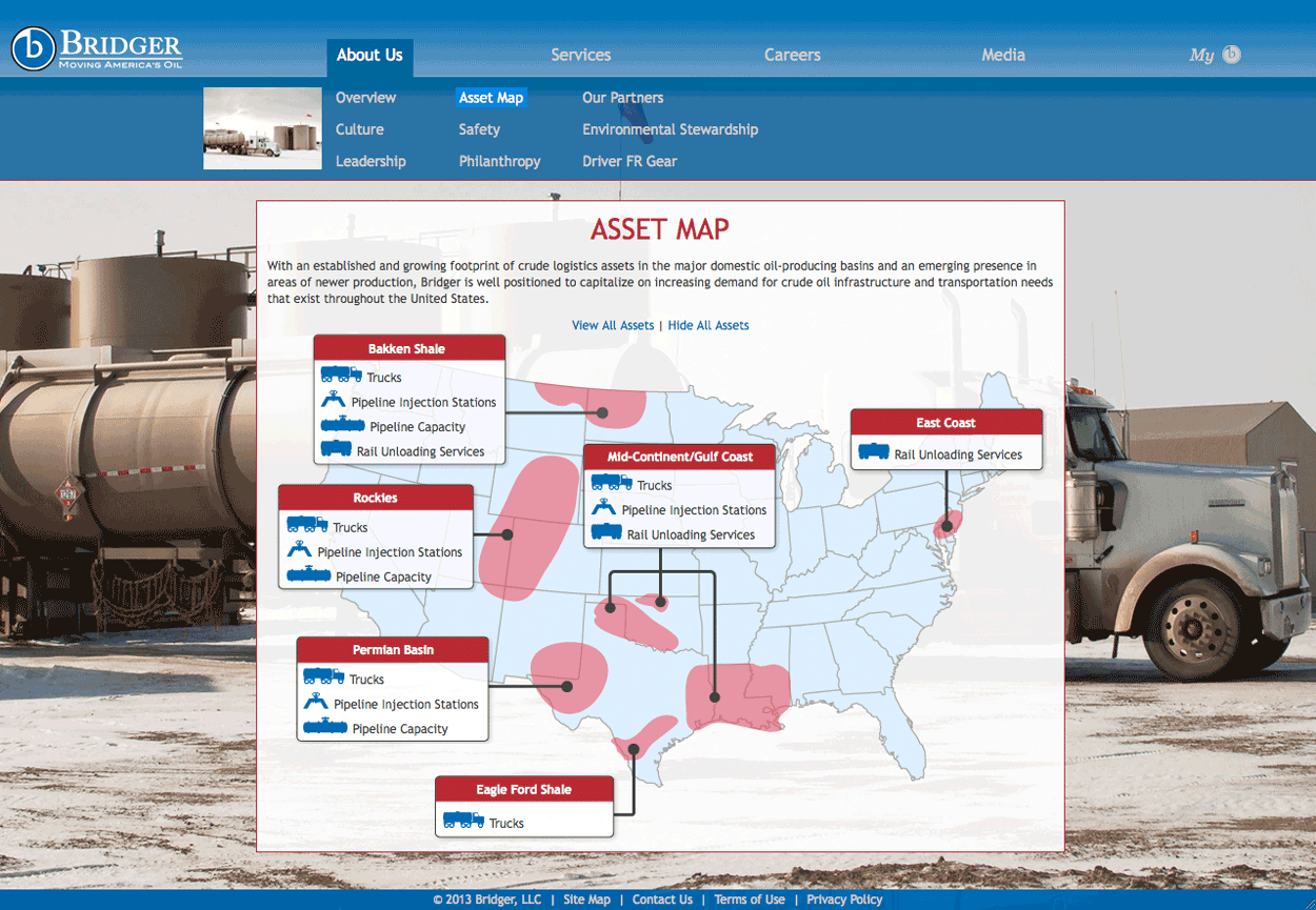 Screen shot of the Bridger Group website asset map page