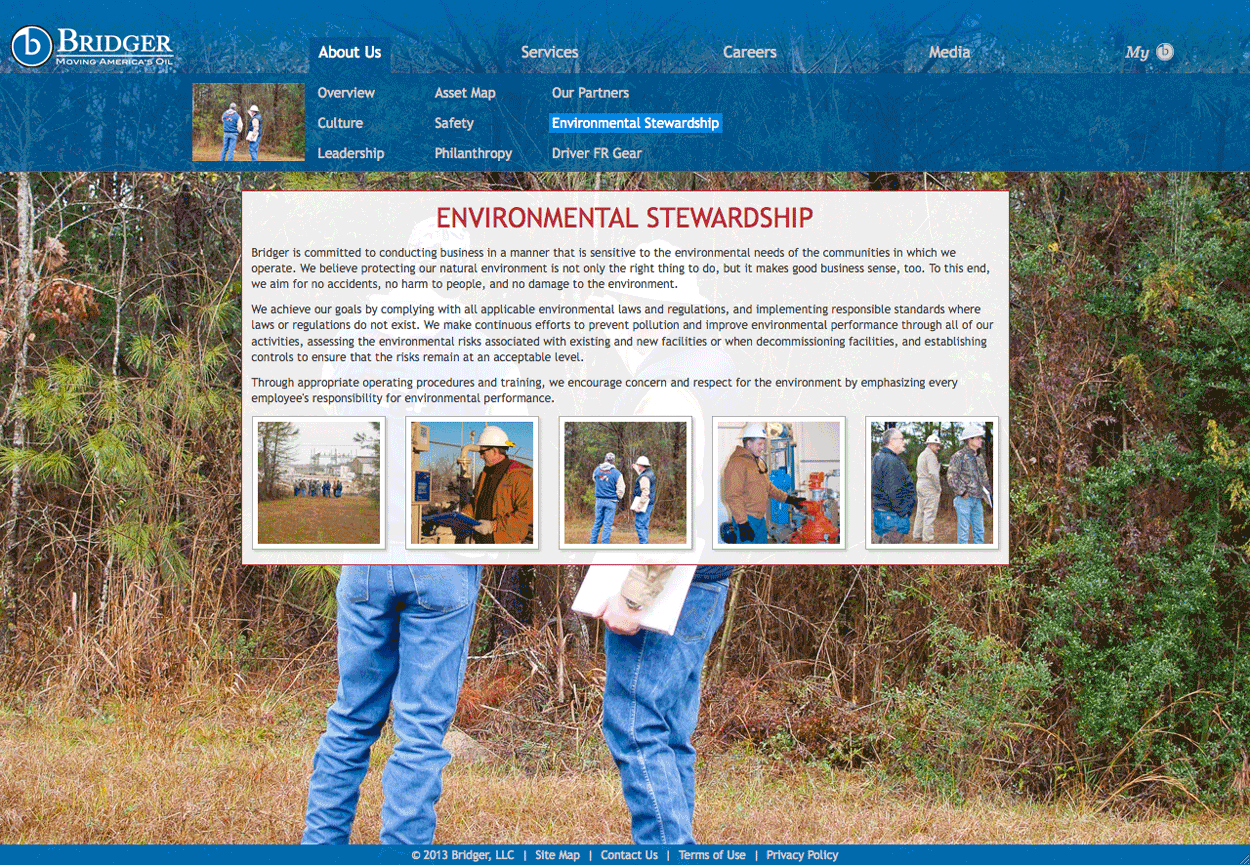 Screen shot of the Bridger Group website environmental stewardship page