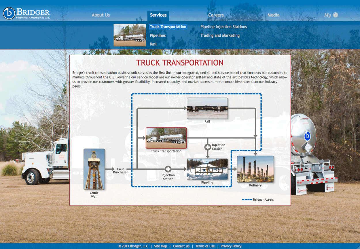 Screen shot of the Bridger Group website truck transportation services page