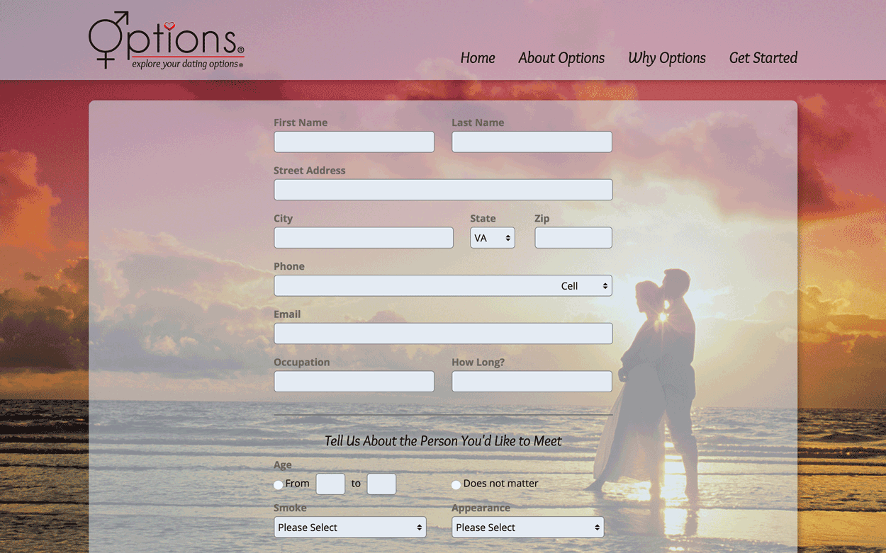 Screen shot of the Options website form page