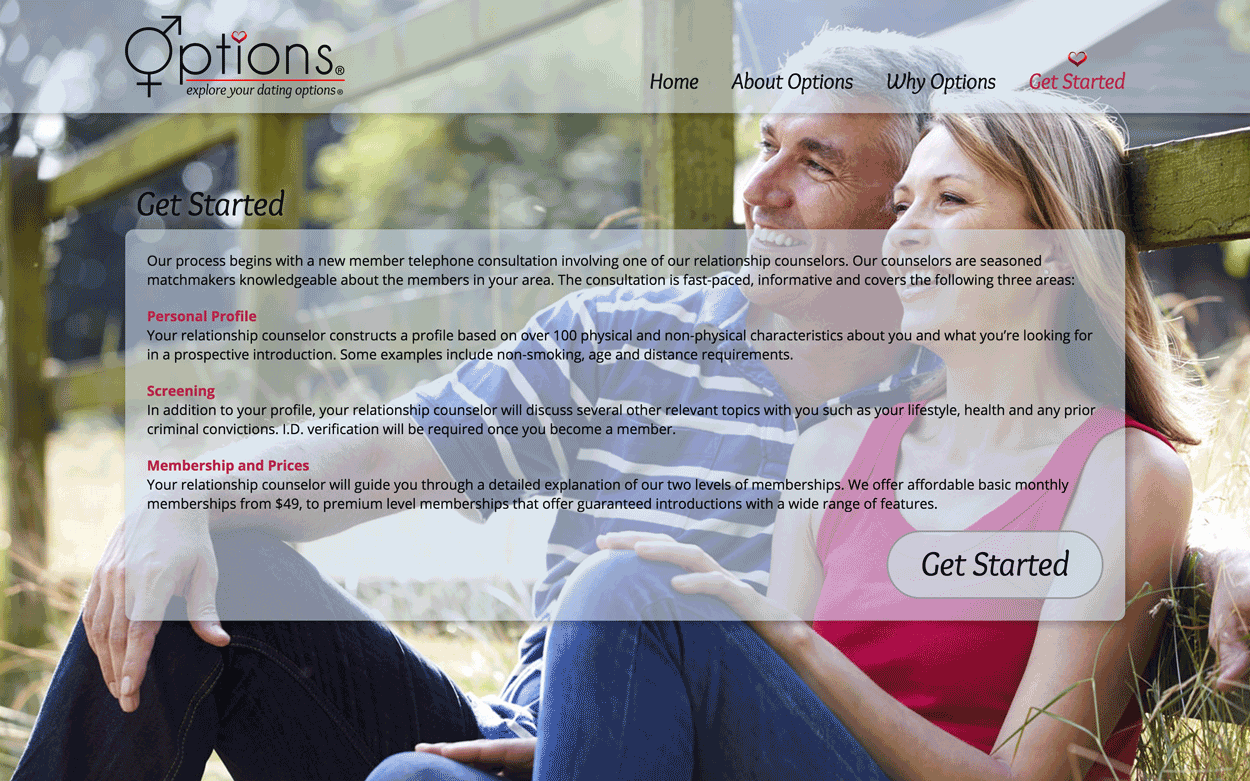 Screen shot of the Options website Get Started page