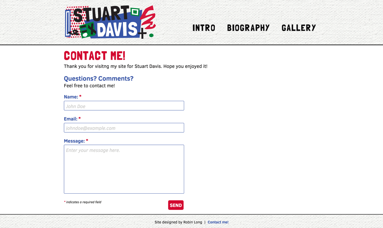 Screen shot of the Stuart Davis website contact page