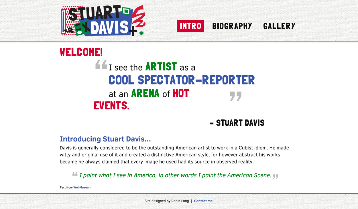 Screen shot of the Stuart Davis website intro page