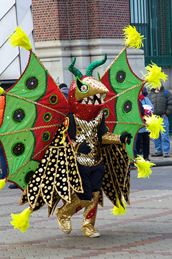 photo of a mummer wearing an alien suit