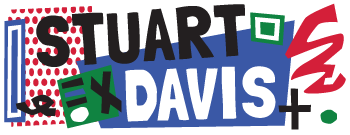 A banner made up of the name Stuart Davis and various shapes